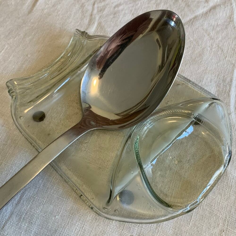 Spoon Utensil Rest / Trinket / Soap Dish Melted Glass Jar Recycled Upcycled Art